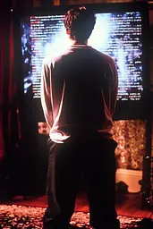 Midjourney generated image using SREF code Obscuralume: A man standing in front of a large screen television.