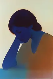 Midjourney generated image using SREF code ChromoSpectra: A woman sitting at a table with her head in her hands.