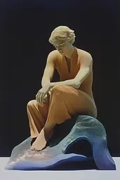 Midjourney generated image using SREF code ChromoSpectra: A sculpture of a woman sitting on top of a rock.