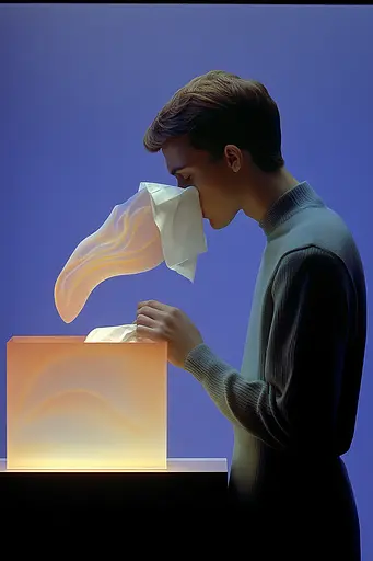 Midjourney generated image using SREF code ChromoSpectra: A man blowing his nose into a tissue box.