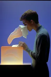 Midjourney generated image using SREF code ChromoSpectra: A man blowing his nose into a tissue box.