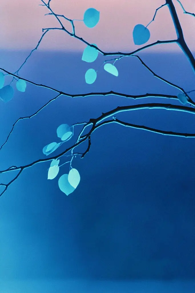 Midjourney generated image using SREF code ChromoSpectra: A branch of a tree with blue leaves on it.