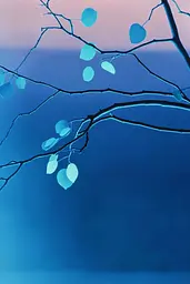Midjourney generated image using SREF code ChromoSpectra: A branch of a tree with blue leaves on it.