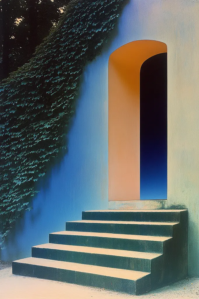 Midjourney generated image using SREF code ChromoSpectra: A set of stairs leading up to a blue and orange wall.