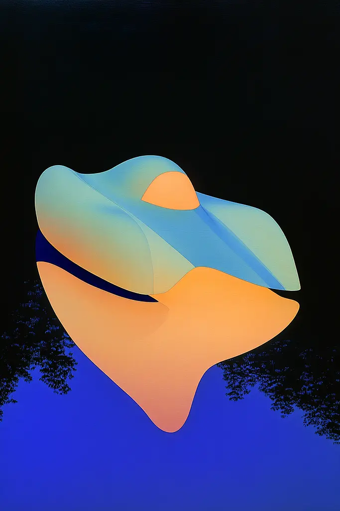 Midjourney generated image using SREF code ChromoSpectra: A blue and orange hat with a tree in the background.