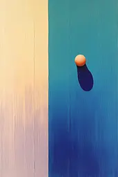 Midjourney generated image using SREF code ChromoSpectra: A painting of an orange ball on a blue and yellow background.