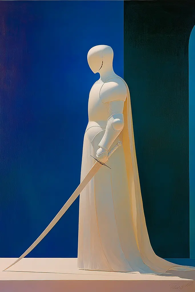 Midjourney generated image using SREF code ChromoSpectra: A painting of a mannequin holding a sword.