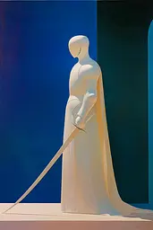 Midjourney generated image using SREF code ChromoSpectra: A painting of a mannequin holding a sword.