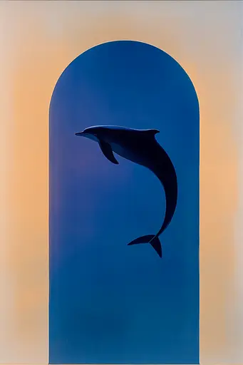 Midjourney generated image using SREF code ChromoSpectra: A dolphin jumping out of an archway in the ocean.