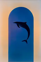 Midjourney generated image using SREF code ChromoSpectra: A dolphin jumping out of an archway in the ocean.