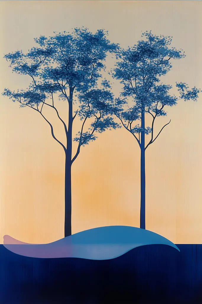 Midjourney generated image using SREF code ChromoSpectra: A painting of two trees on a hill with a sunset in the background.