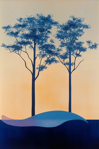Midjourney generated image using SREF code ChromoSpectra: A painting of two trees on a hill with a sunset in the background.