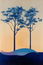 Midjourney generated image using SREF code ChromoSpectra: A painting of two trees on a hill with a sunset in the background.