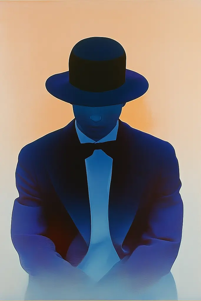 Midjourney generated image using SREF code ChromoSpectra: A man in a tuxedo and bow tie with a top hat.