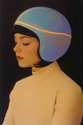 Midjourney generated image using SREF code ChromoSpectra: A woman wearing a blue and orange helmet.