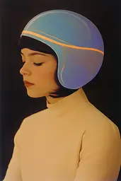Midjourney generated image using SREF code ChromoSpectra: A woman wearing a blue and orange helmet.