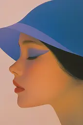 Midjourney generated image using SREF code ChromoSpectra: A painting of a woman wearing a blue hat.
