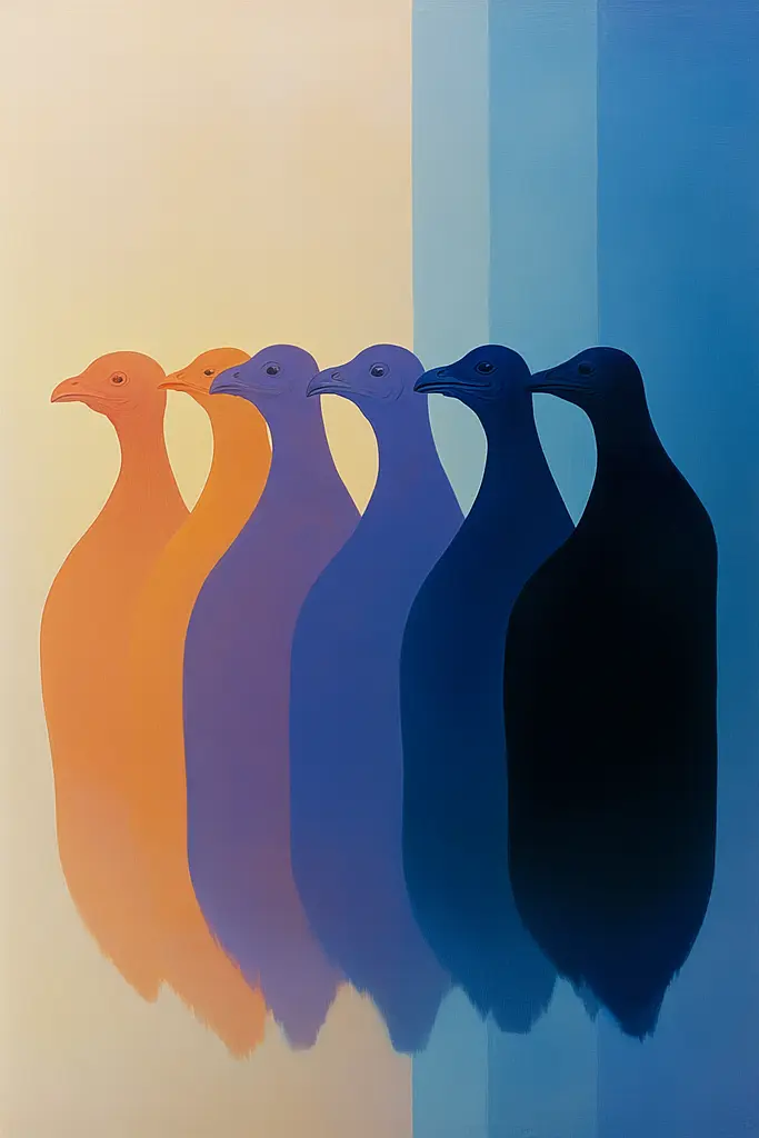 Midjourney generated image using SREF code ChromoSpectra: A painting of four birds standing in a row.