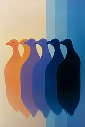 Midjourney generated image using SREF code ChromoSpectra: A painting of four birds standing in a row.