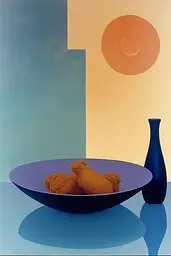Midjourney generated image using SREF code ChromoSpectra: A painting of fried chicken in a blue bowl next to a vase.