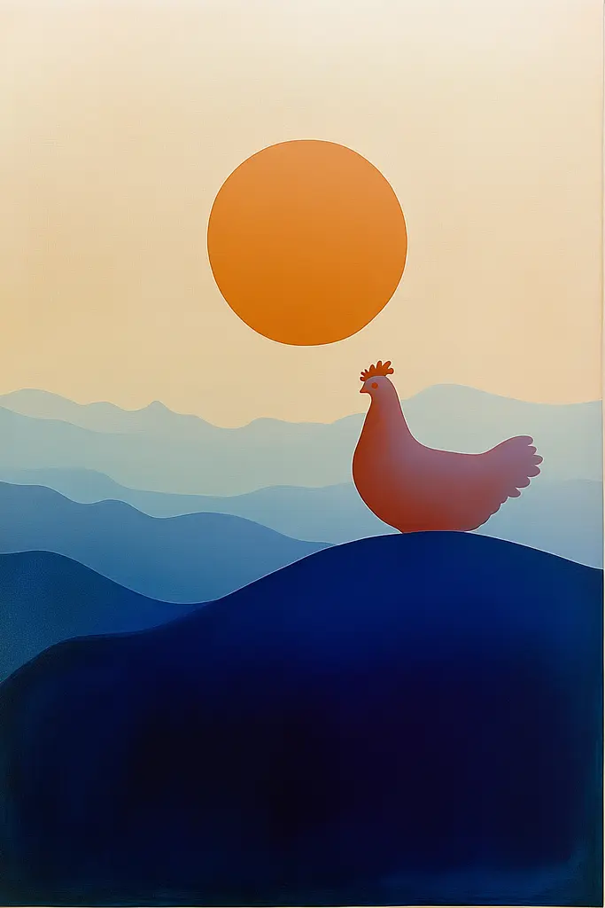 Midjourney generated image using SREF code ChromoSpectra: A painting of a rooster sitting on top of a hill.