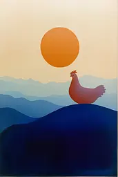 Midjourney generated image using SREF code ChromoSpectra: A painting of a rooster sitting on top of a hill.