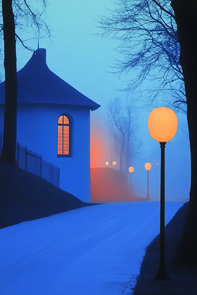 Midjourney generated image using SREF code ChromoSpectra: A street light in front of a white house in the fog.