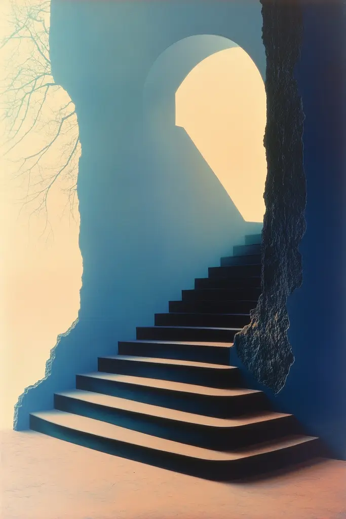 Midjourney generated image using SREF code ChromoSpectra: A stairway leading up to a blue wall with a hole in it.