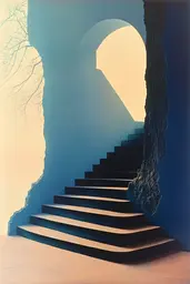 Midjourney generated image using SREF code ChromoSpectra: A stairway leading up to a blue wall with a hole in it.