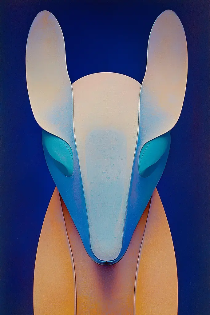 Midjourney generated image using SREF code ChromoSpectra: A painting of an armadillo head on a blue background.