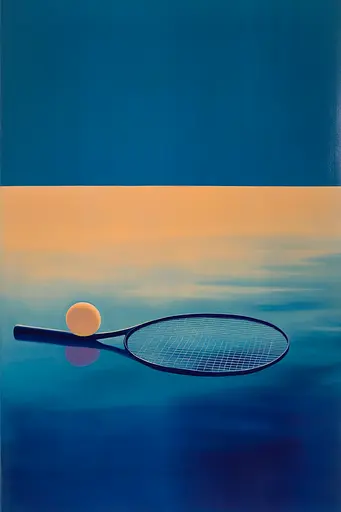Midjourney generated image using SREF code ChromoSpectra: A tennis racket and ball floating in the water.
