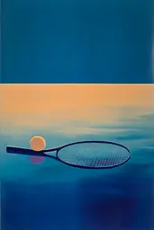 Midjourney generated image using SREF code ChromoSpectra: A tennis racket and ball floating in the water.