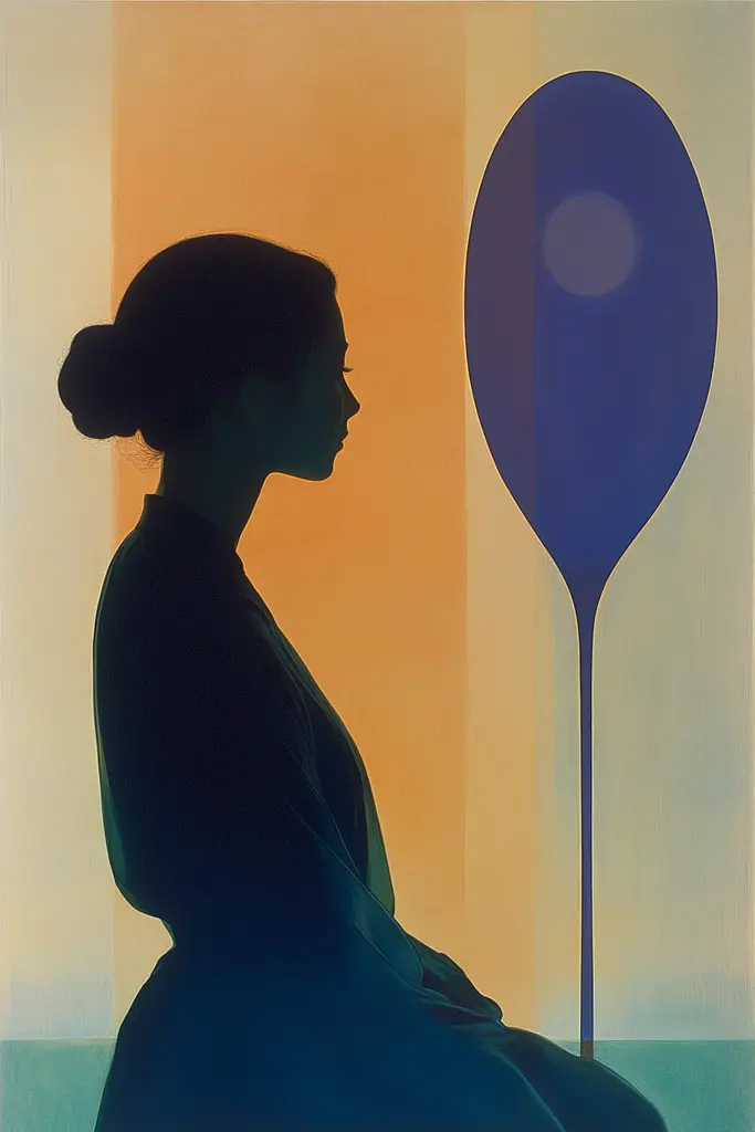 Midjourney generated image using SREF code ChromoSpectra: A woman sitting in front of a blue balloon.
