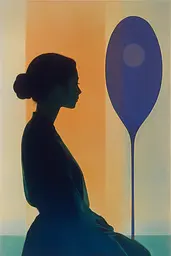 Midjourney generated image using SREF code ChromoSpectra: A woman sitting in front of a blue balloon.