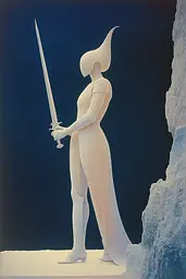 Midjourney generated image using SREF code ChromoSpectra: A woman in a white dress holding a sword.