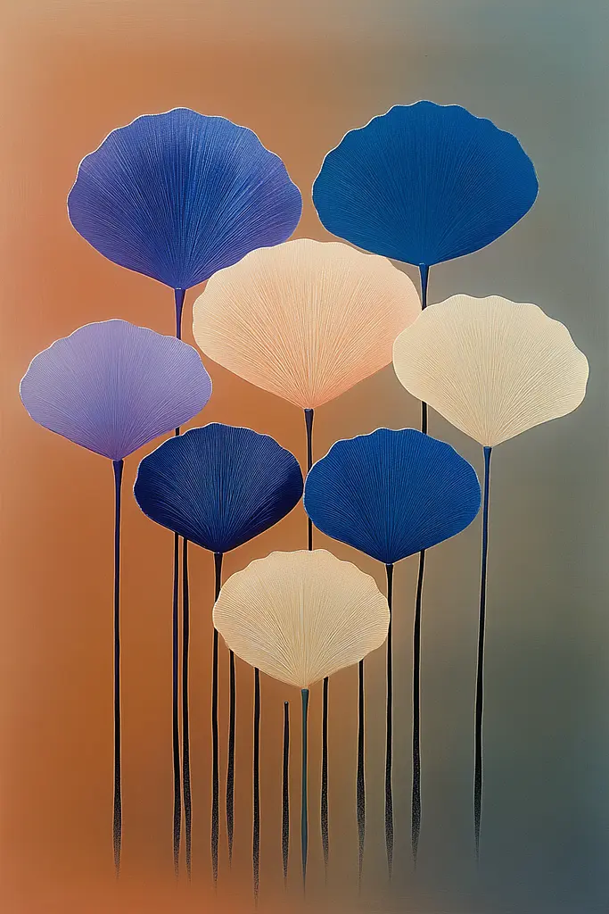Midjourney generated image using SREF code ChromoSpectra: A painting of a group of blue and white flowers.