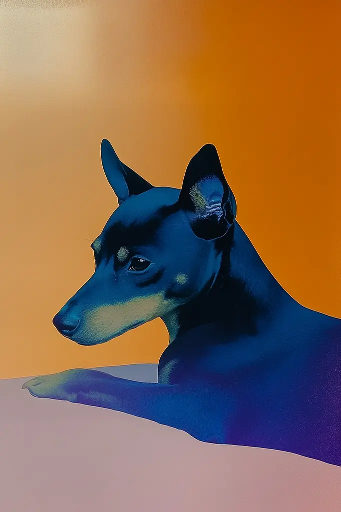 Midjourney generated image using SREF code ChromoSpectra: A black and blue dog laying down on a table.