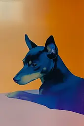 Midjourney generated image using SREF code ChromoSpectra: A black and blue dog laying down on a table.