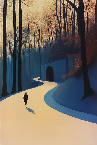 Midjourney generated image using SREF code ChromoSpectra: A painting of a person walking down a path in the woods.