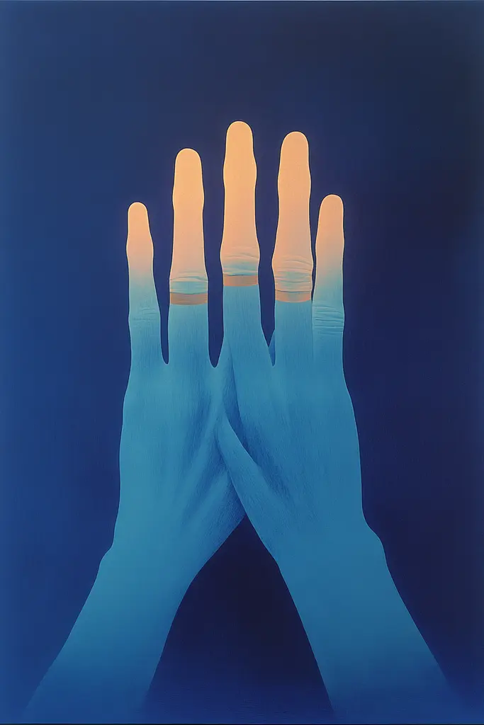 Midjourney generated image using SREF code ChromoSpectra: A pair of hands with blue and yellow fingers.