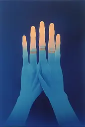 Midjourney generated image using SREF code ChromoSpectra: A pair of hands with blue and yellow fingers.