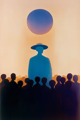 Midjourney generated image using SREF code ChromoSpectra: A painting of a man standing in front of a crowd of people.