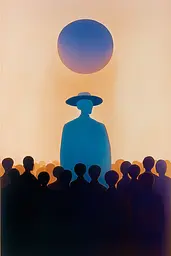 Midjourney generated image using SREF code ChromoSpectra: A painting of a man standing in front of a crowd of people.