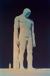 Midjourney generated image using SREF code ChromoSpectra: A statue of a man standing in front of a pillar.