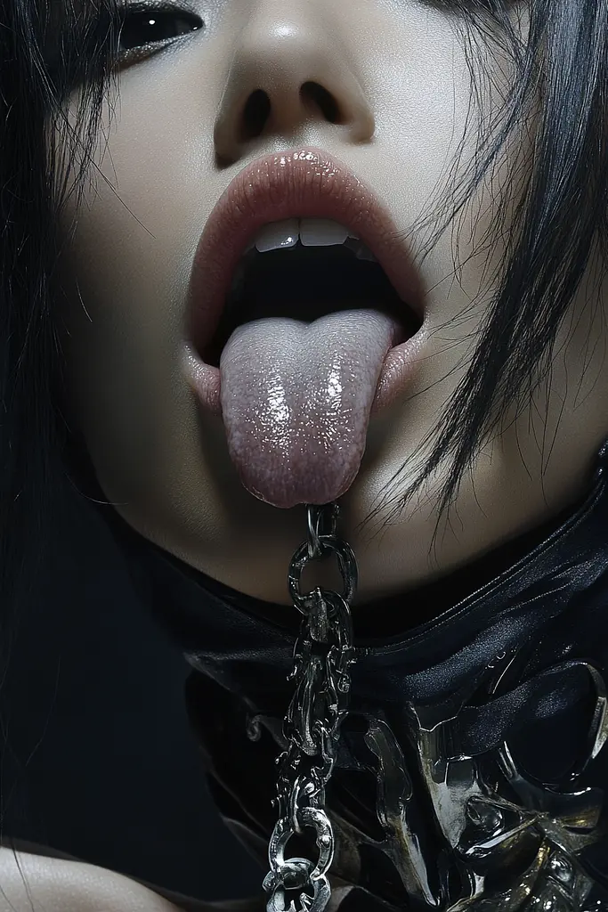 Midjourney generated image using SREF code Mechanical Depravity: A woman sticking out her tongue with a chain around her neck.