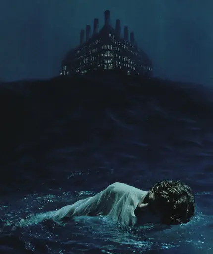 Midjourney generated image using SREF code Gossamer Gaze, Ominous Alienscape, Ethereal Echoes: A man floating in the ocean with a building in the background.