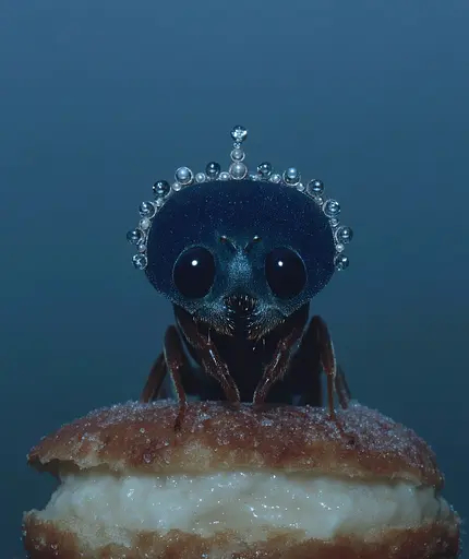 Midjourney generated image using SREF code Gossamer Gaze, Ominous Alienscape, Ethereal Echoes: A fly with a crown on top of a donut.