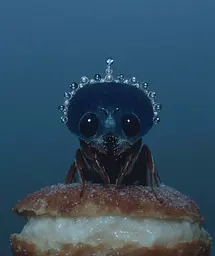 Midjourney generated image using SREF code Gossamer Gaze, Ominous Alienscape, Ethereal Echoes: A fly with a crown on top of a donut.