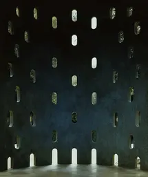 Midjourney generated image using SREF code Gossamer Gaze, Ominous Alienscape, Ethereal Echoes: A dark room with a lot of windows in it.