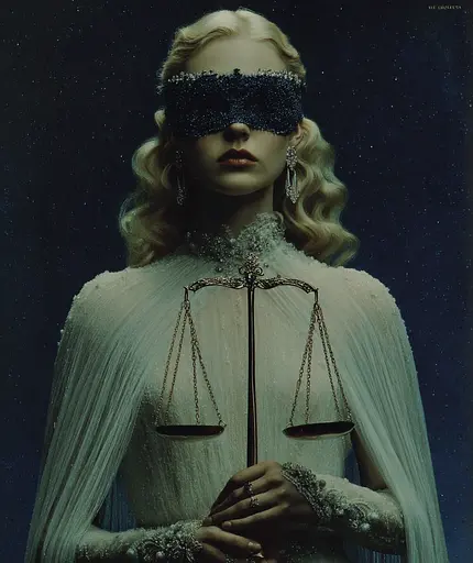 Midjourney generated image using SREF code Gossamer Gaze, Ominous Alienscape, Ethereal Echoes: A woman in a white dress holding a scale of justice.
